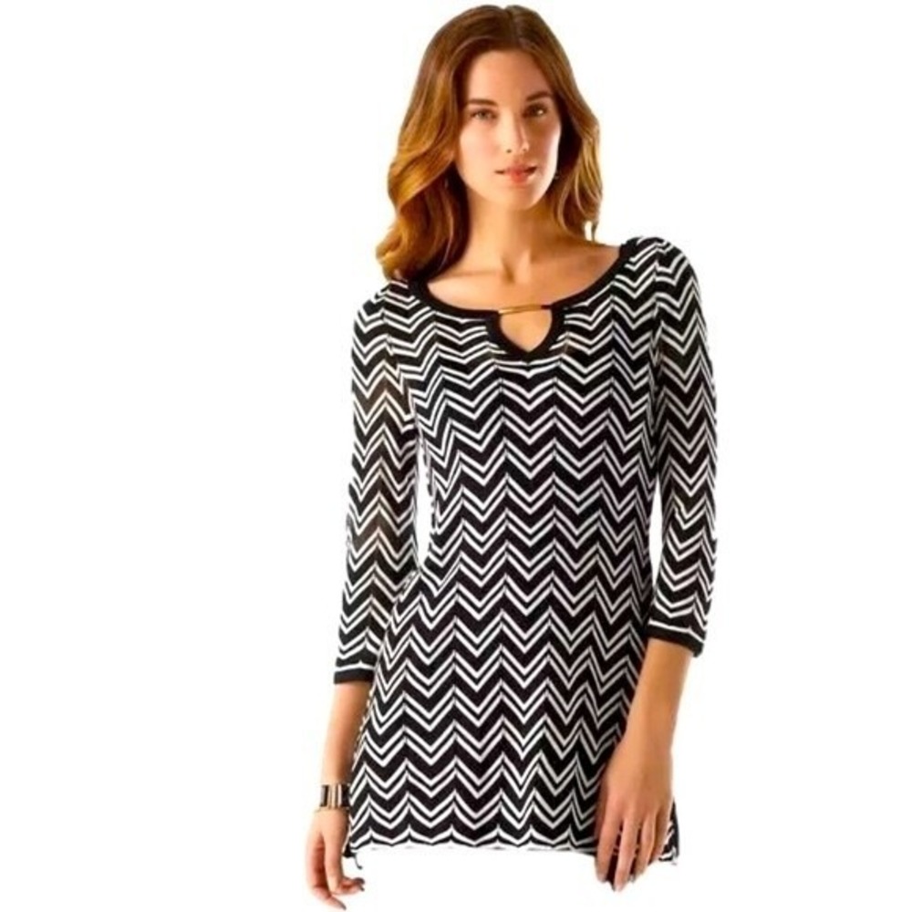 WHBM Chevron Stripes Tunic Navy White Sweater Blouse Dress Knit, Size M
